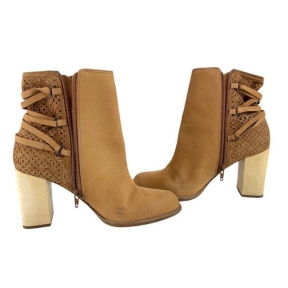 Miss Albright Suede Laser Cut Strappy Ankle Booties Wooden Heel - Picture 6 of 10